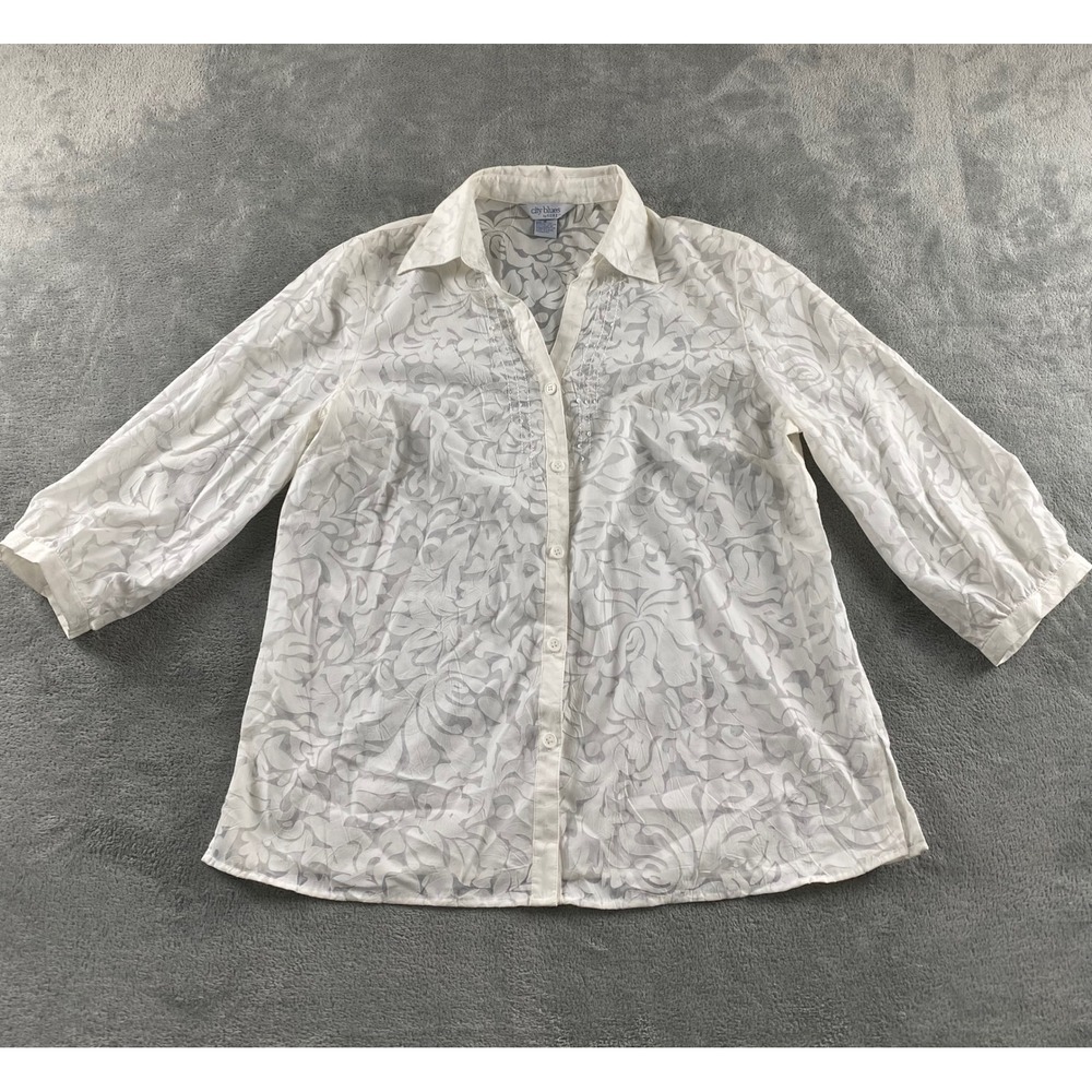 City Blues by Koret Womens White Burnout Floral Sequin Button Down Shirt Size M